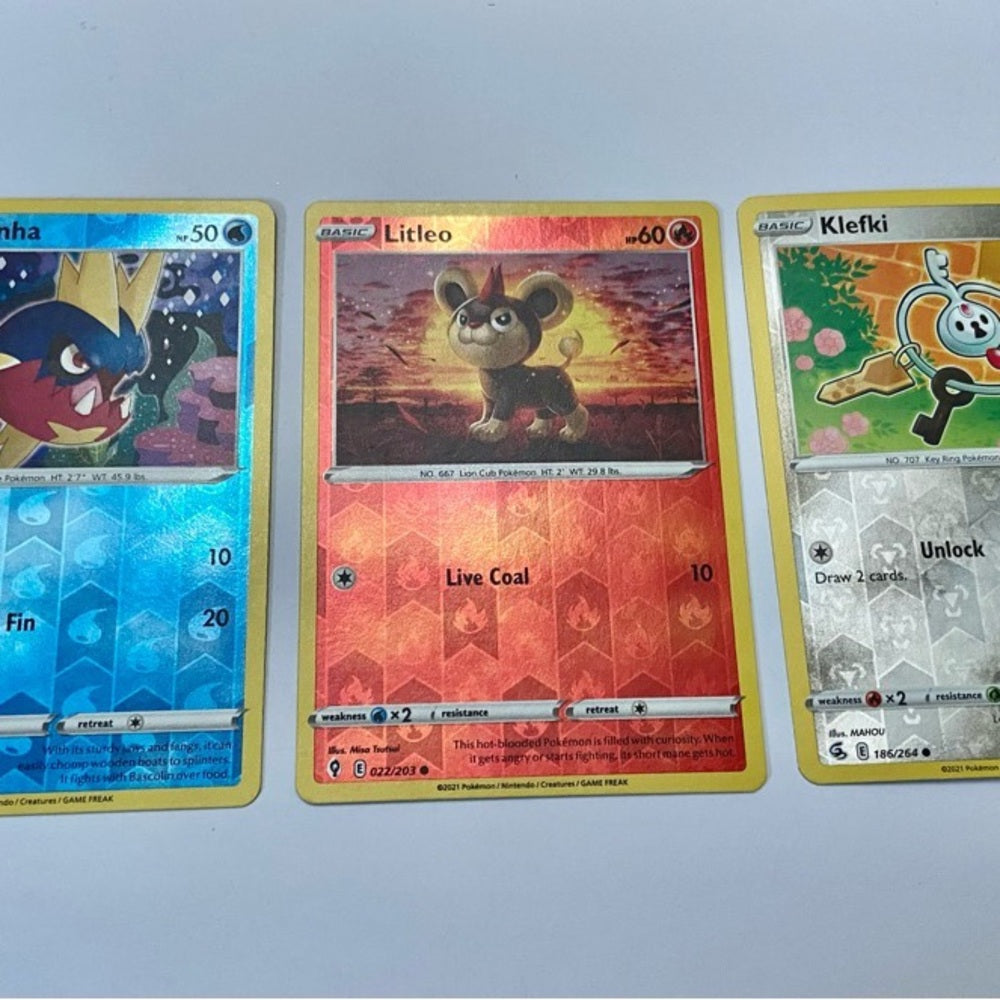 Lot (H): 3 Pokemon Reverse Holo Cards and 3 Pokemon Gold Fan Arts