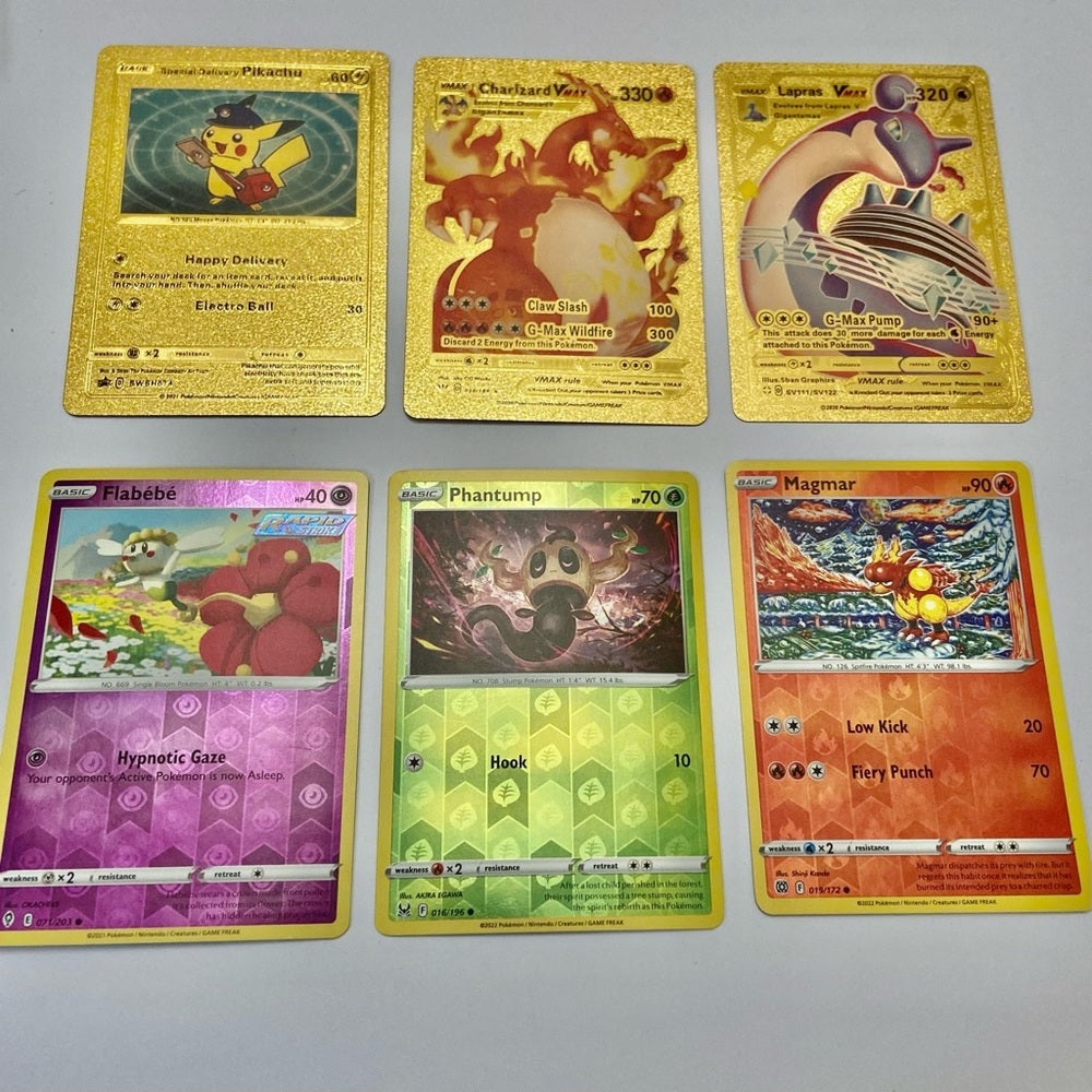 Lot (G): 3 Pokemon Reverse Holo Cards and 3 Pokemon Gold Fan Arts