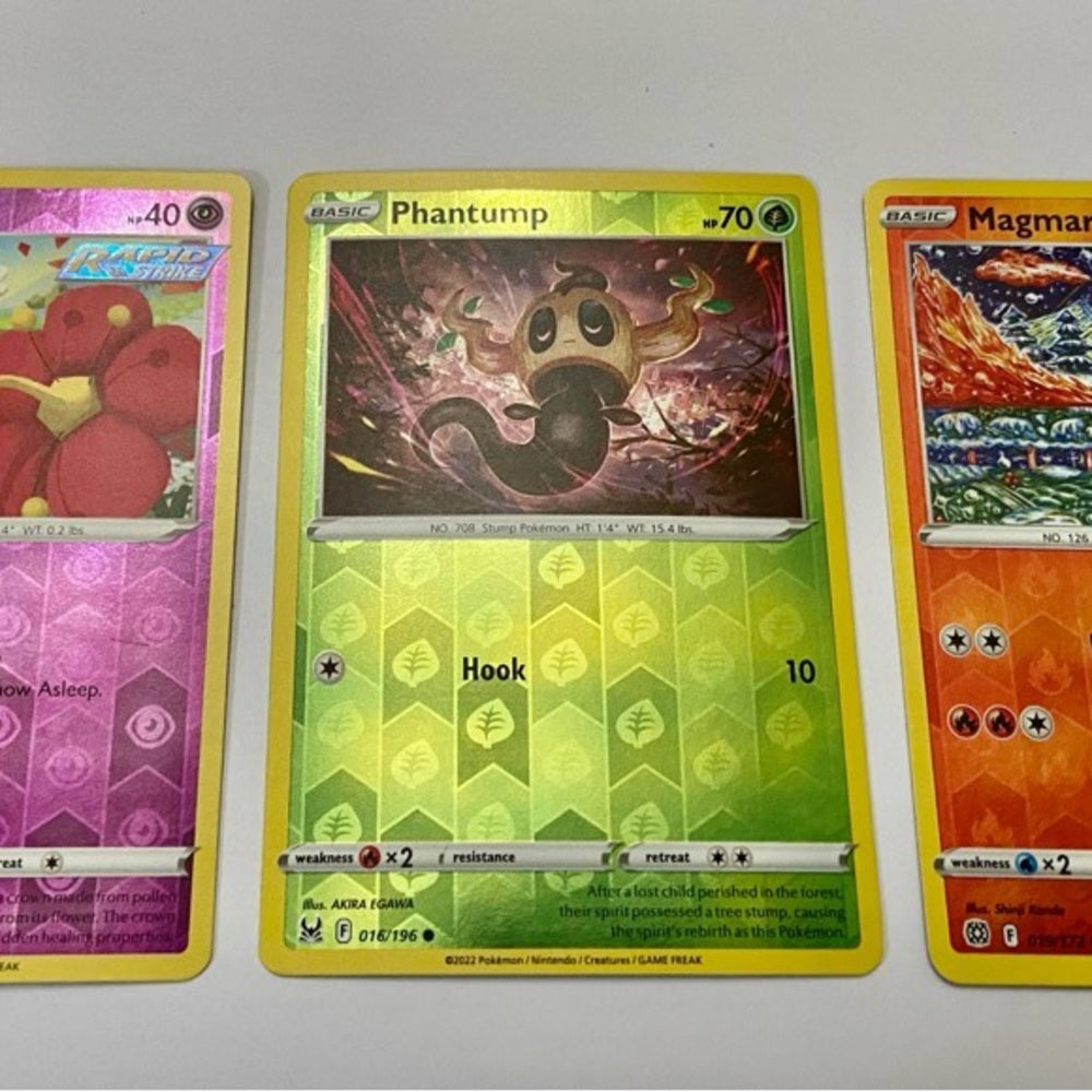 Lot (G): 3 Pokemon Reverse Holo Cards and 3 Pokemon Gold Fan Arts