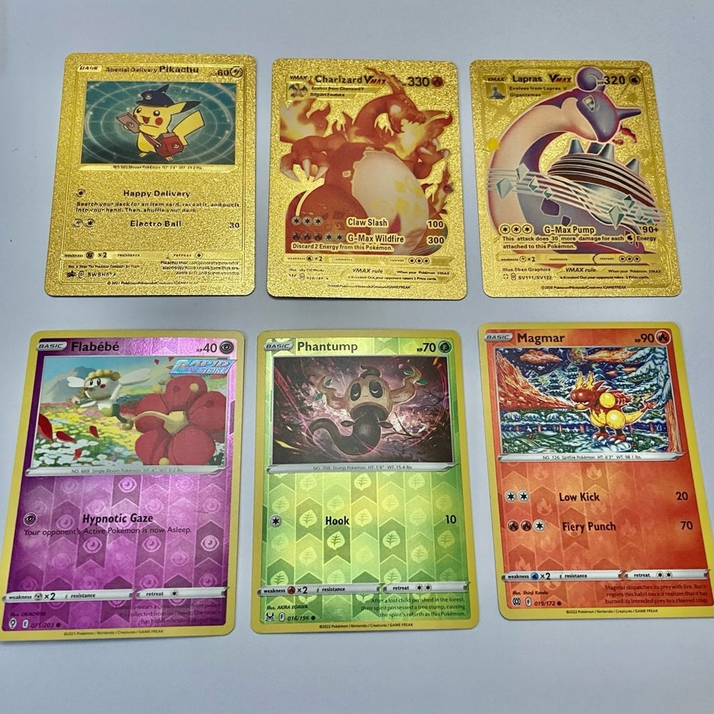 Lot (G): 3 Pokemon Reverse Holo Cards and 3 Pokemon Gold Fan Arts