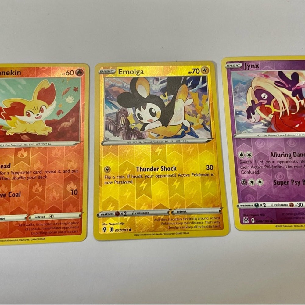 Lot (F): 3 Pokemon Reverse Holo Cards and 3 Pokemon Gold Fan Arts