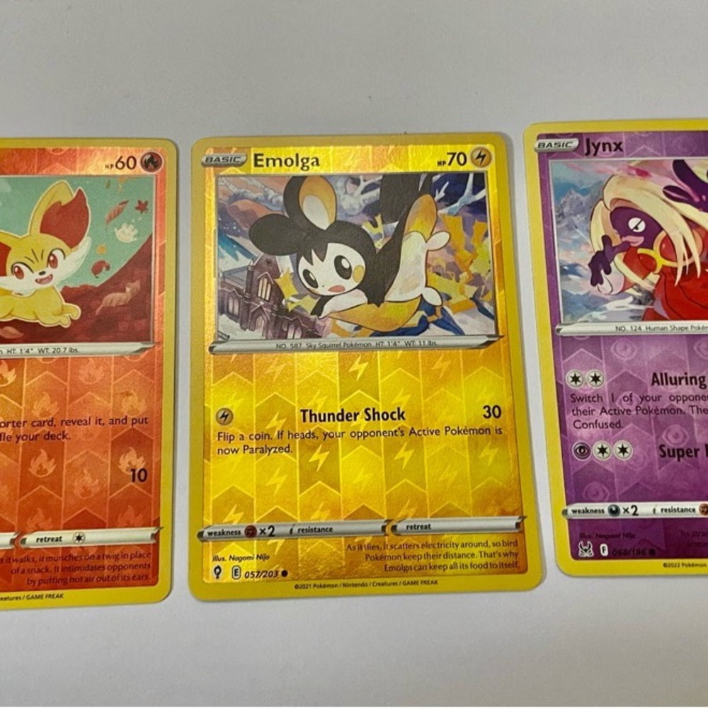 Lot (F): 3 Pokemon Reverse Holo Cards and 3 Pokemon Gold Fan Arts