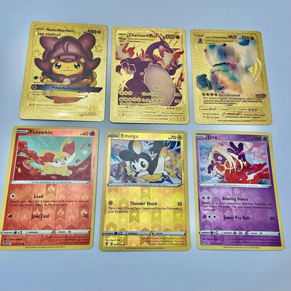 Lot (F): 3 Pokemon Reverse Holo Cards and 3 Pokemon Gold Fan Arts