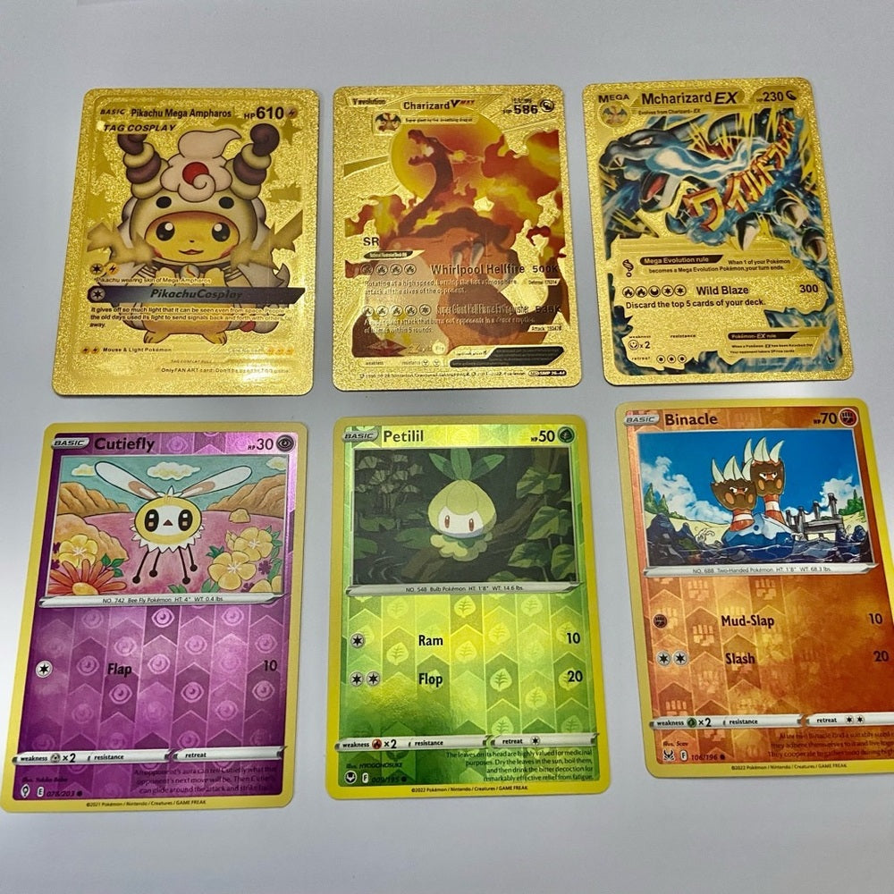 Lot (E): 3 Pokemon Reverse Holo Cards and 3 Pokemon Gold Fan Arts