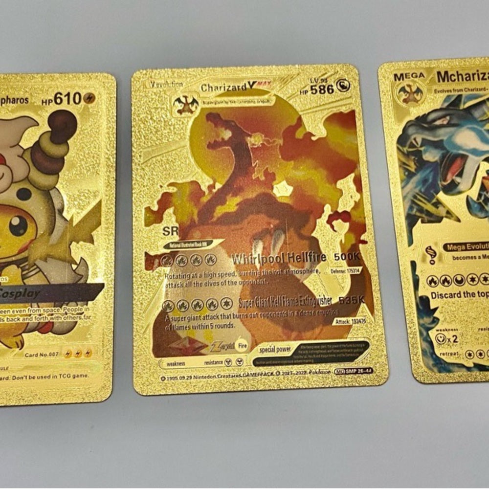 Lot (E): 3 Pokemon Reverse Holo Cards and 3 Pokemon Gold Fan Arts