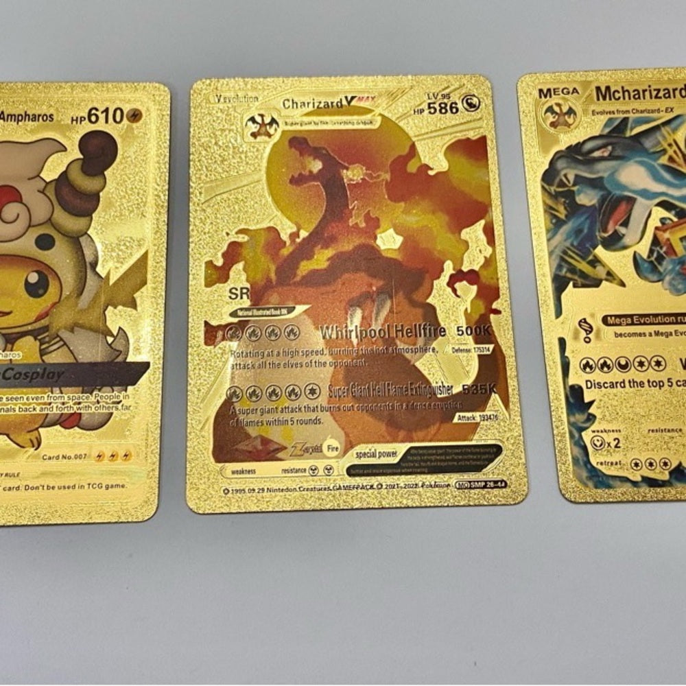 Lot (E): 3 Pokemon Reverse Holo Cards and 3 Pokemon Gold Fan Arts