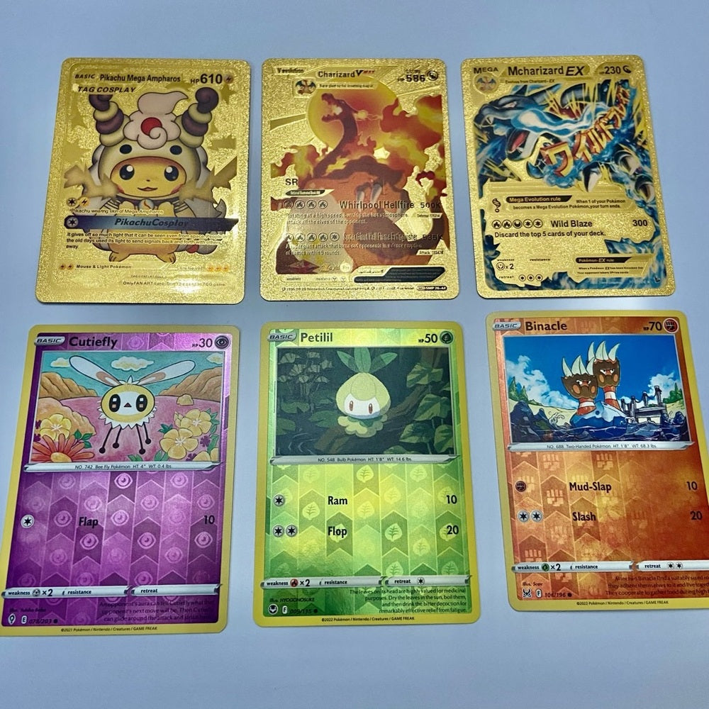 Lot (E): 3 Pokemon Reverse Holo Cards and 3 Pokemon Gold Fan Arts