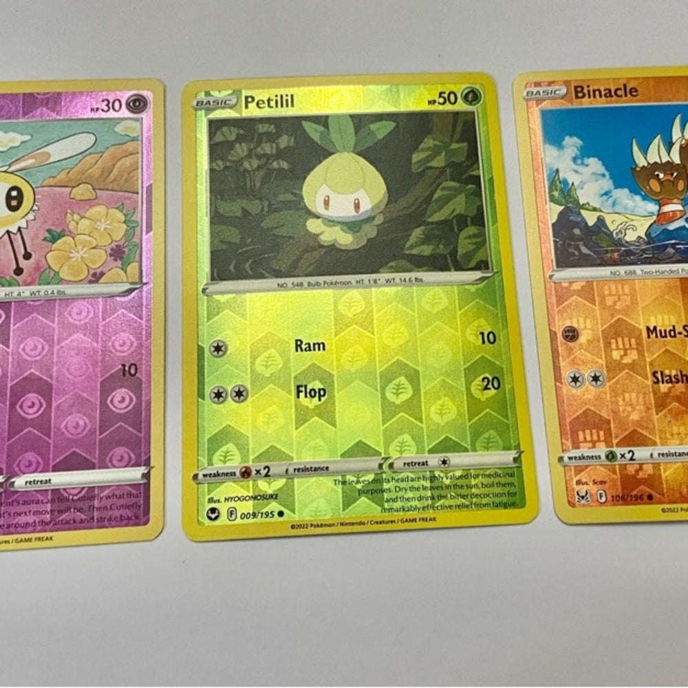 Lot (E): 3 Pokemon Reverse Holo Cards and 3 Pokemon Gold Fan Arts