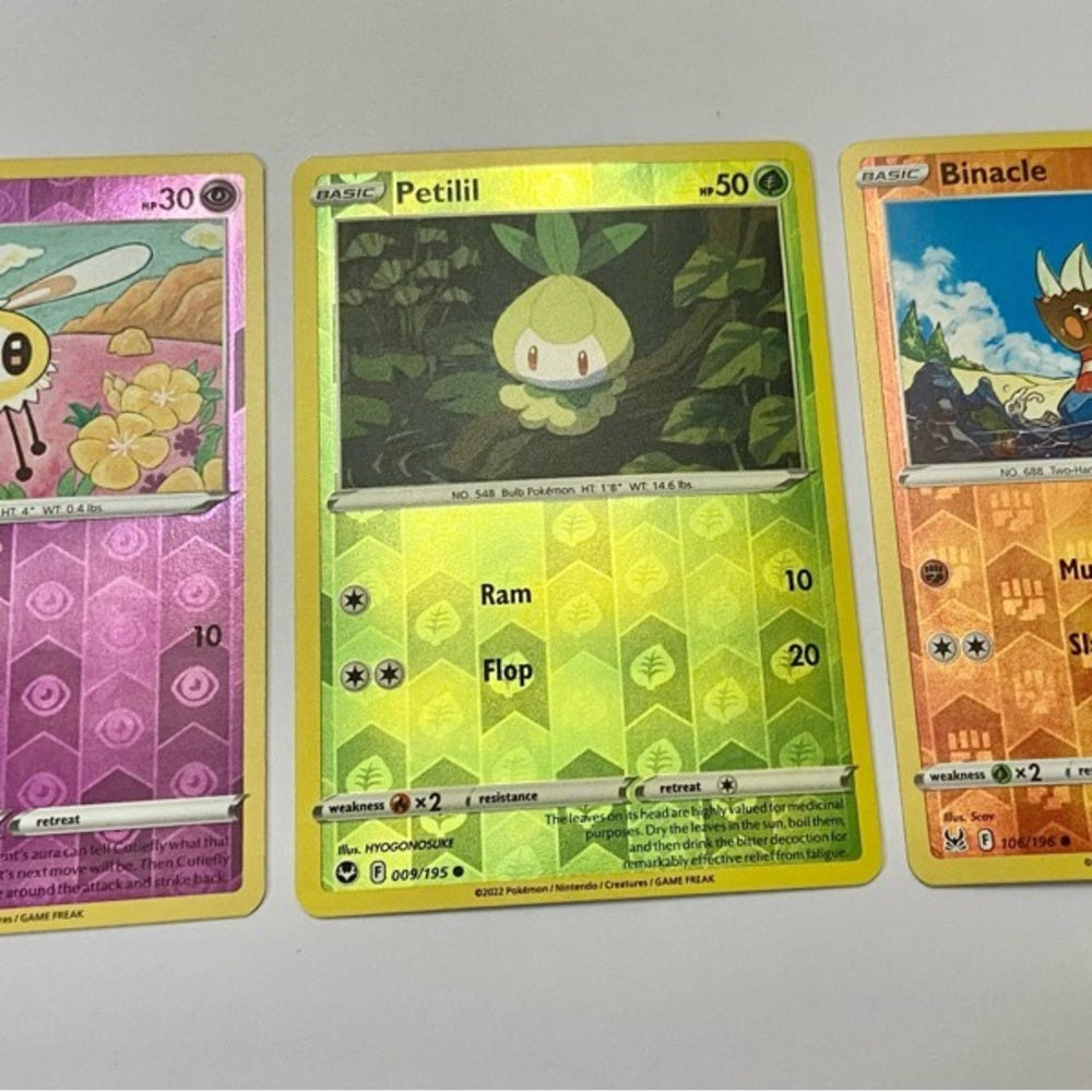 Lot (E): 3 Pokemon Reverse Holo Cards and 3 Pokemon Gold Fan Arts
