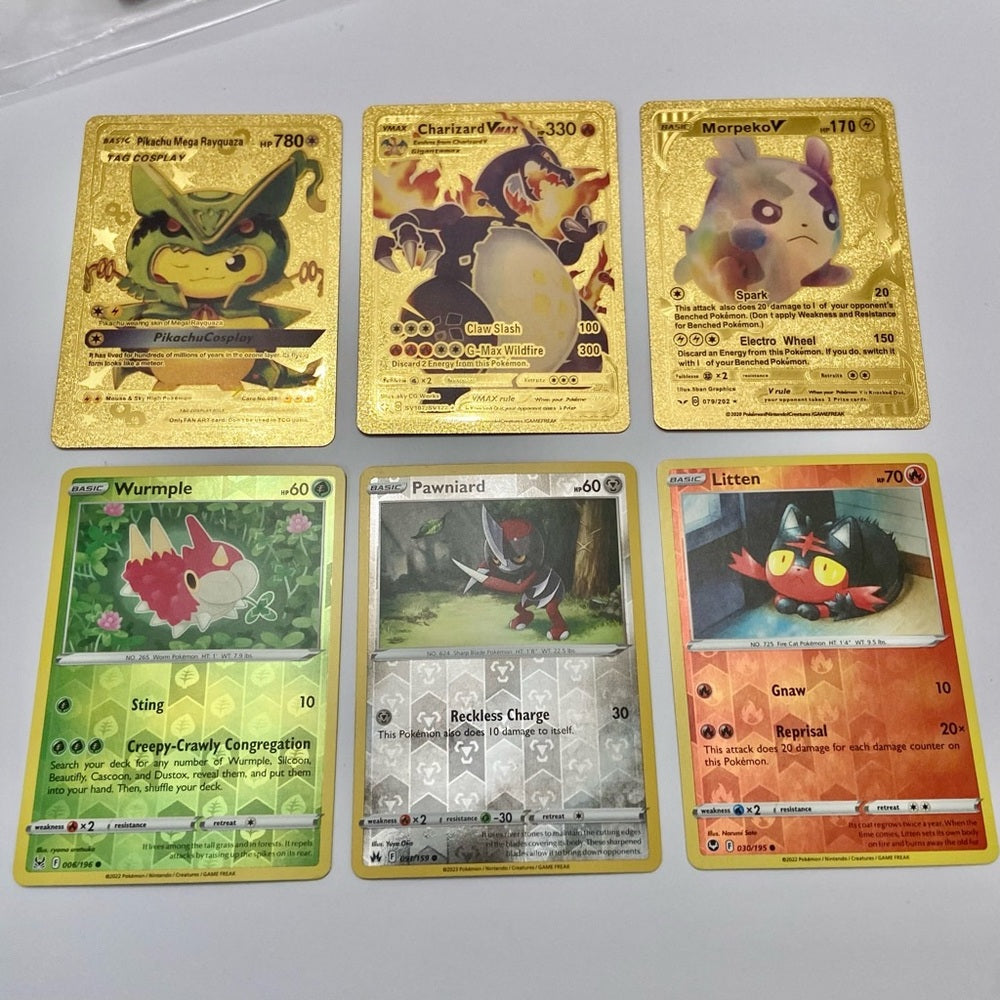 Lot (D): 3 Pokemon Reverse Holo Cards and 3 Pokemon Gold Fan Arts
