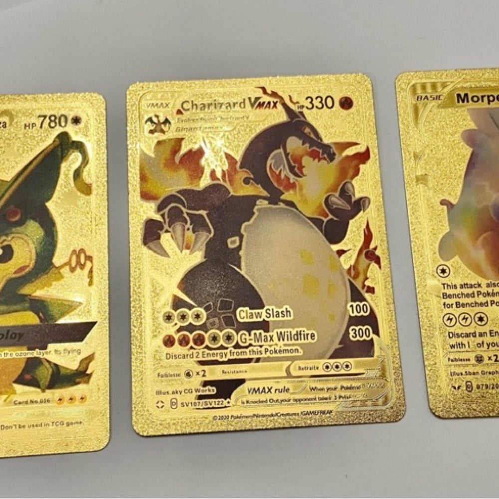 Lot (D): 3 Pokemon Reverse Holo Cards and 3 Pokemon Gold Fan Arts