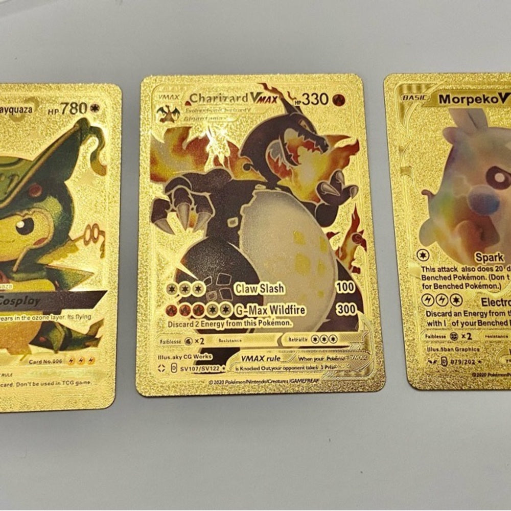 Lot (D): 3 Pokemon Reverse Holo Cards and 3 Pokemon Gold Fan Arts