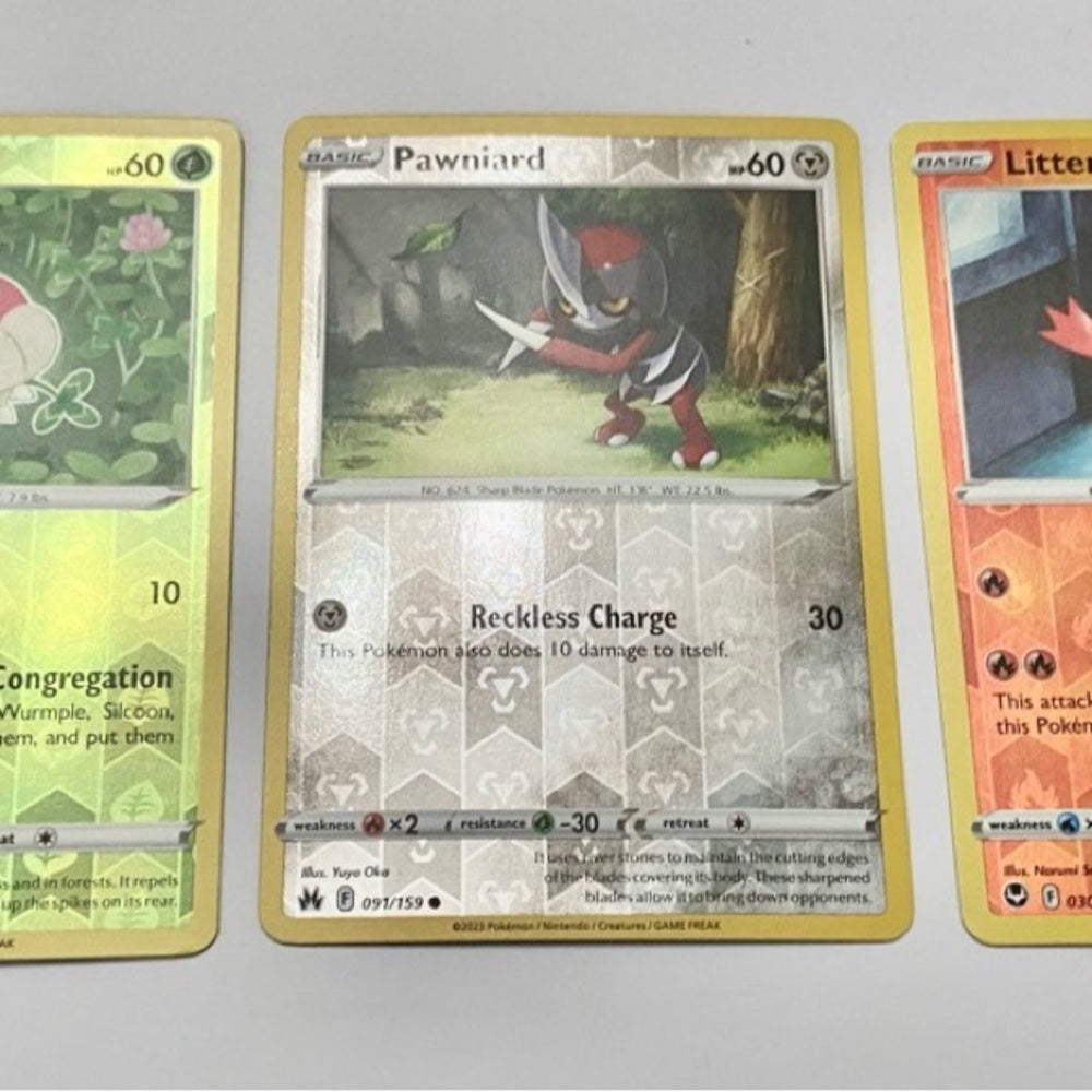Lot (D): 3 Pokemon Reverse Holo Cards and 3 Pokemon Gold Fan Arts