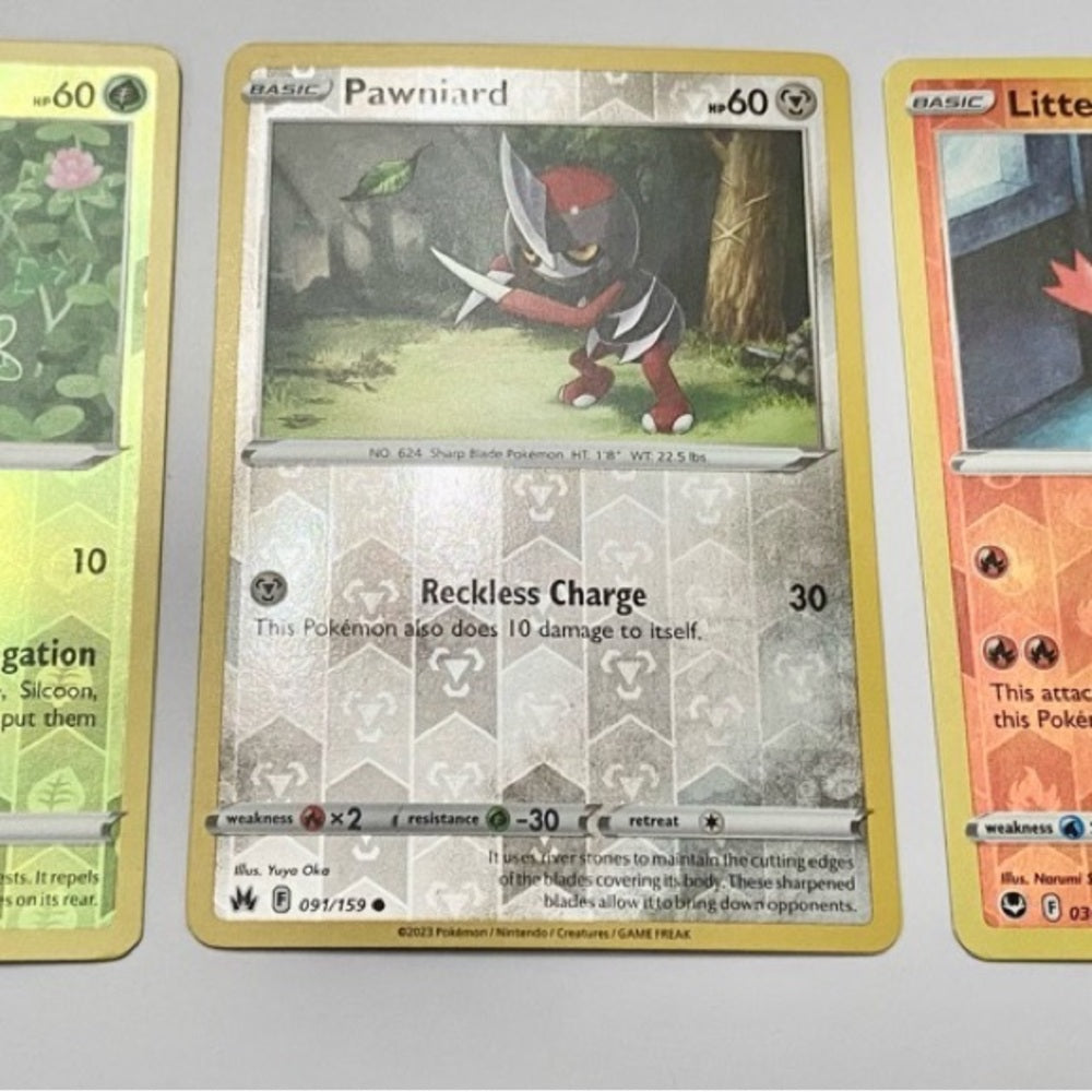 Lot (D): 3 Pokemon Reverse Holo Cards and 3 Pokemon Gold Fan Arts