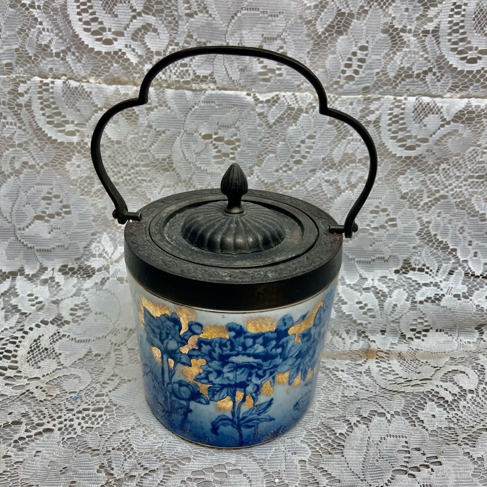 Antique, Victoria Ironstone Floral Flow Blue Biscuit Jar