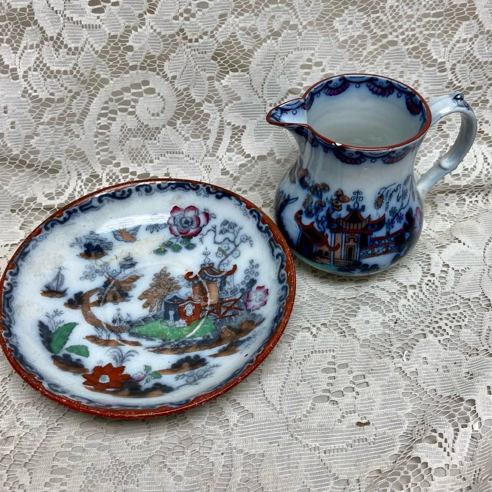 Antique, Flow Blue Willow, E.M. Co., England, Creamer Set