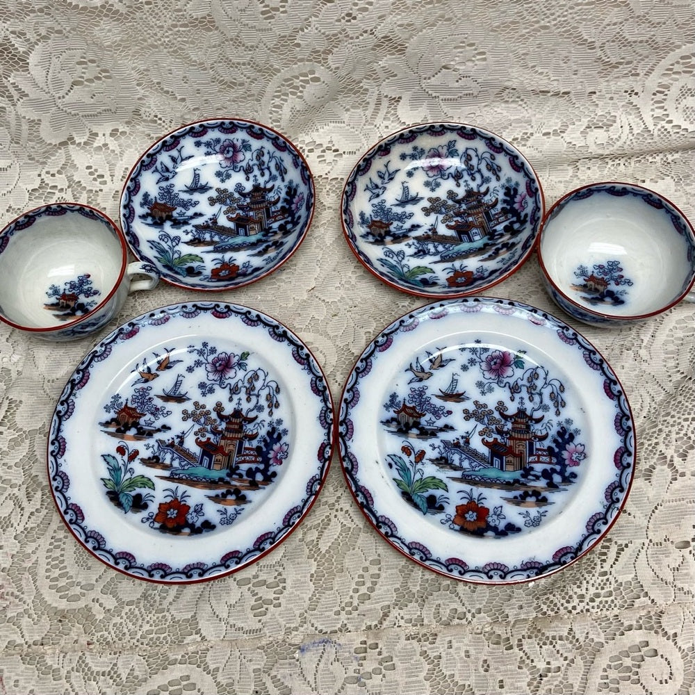 Antique, Flow Blue Willow, E.M. Co., England, 6pc- 2 Trio Set
