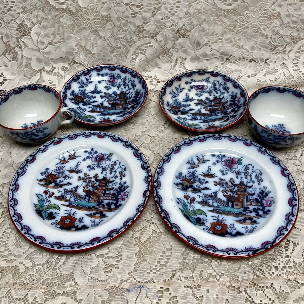 Antique, Flow Blue Willow, E.M. Co., England, 6pc- 2 Trio Set