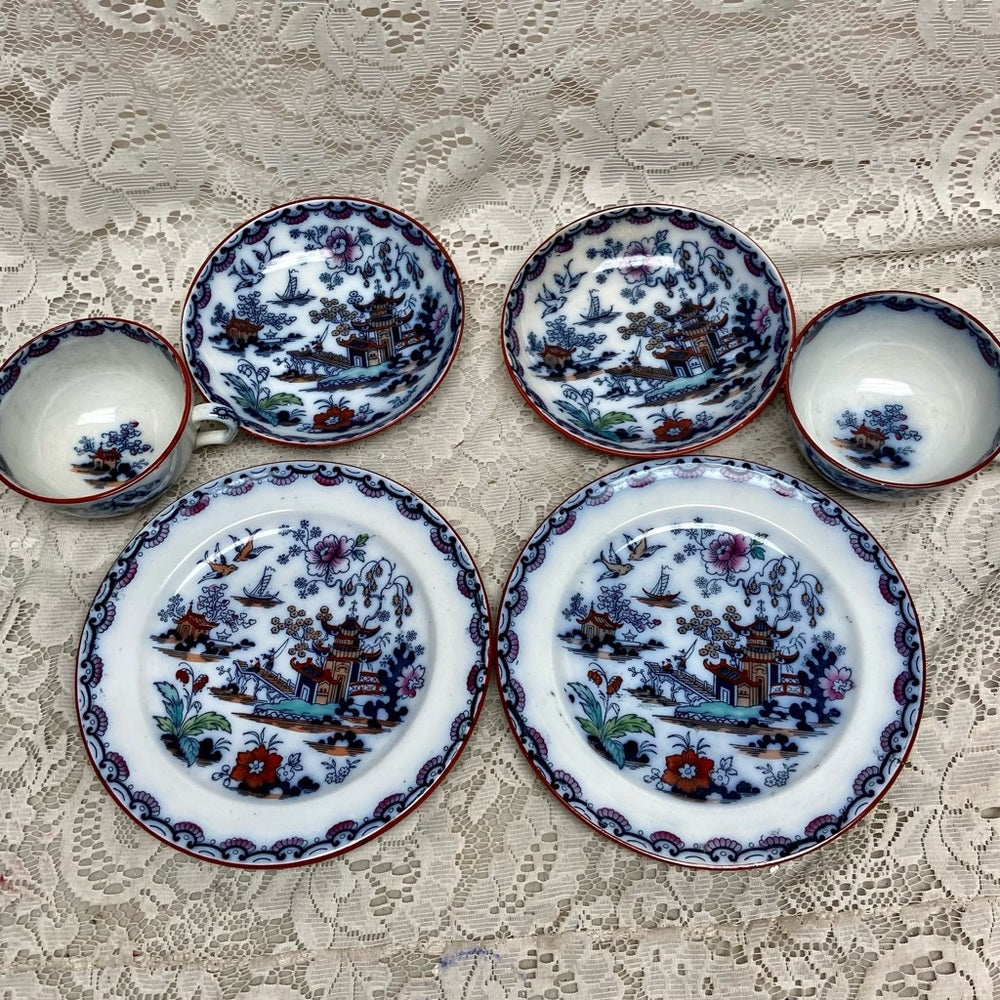 Antique, Flow Blue Willow, E.M. Co., England, 6pc- 2 Trio Set