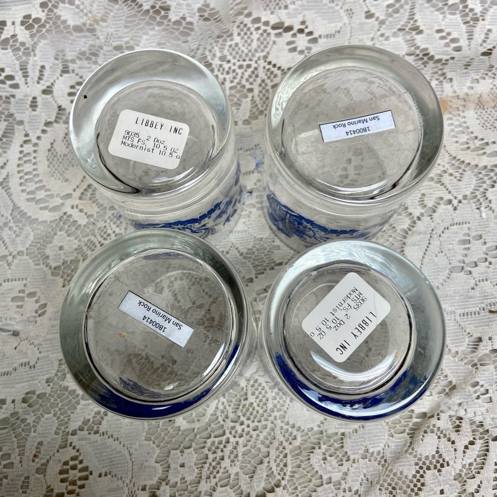 Vintage, Heavy 4pc Blue Willow Libbey Glass Tumblers