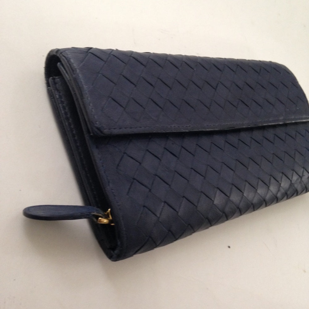 Bottega Veneta Dark Blue Leather Long Wallet