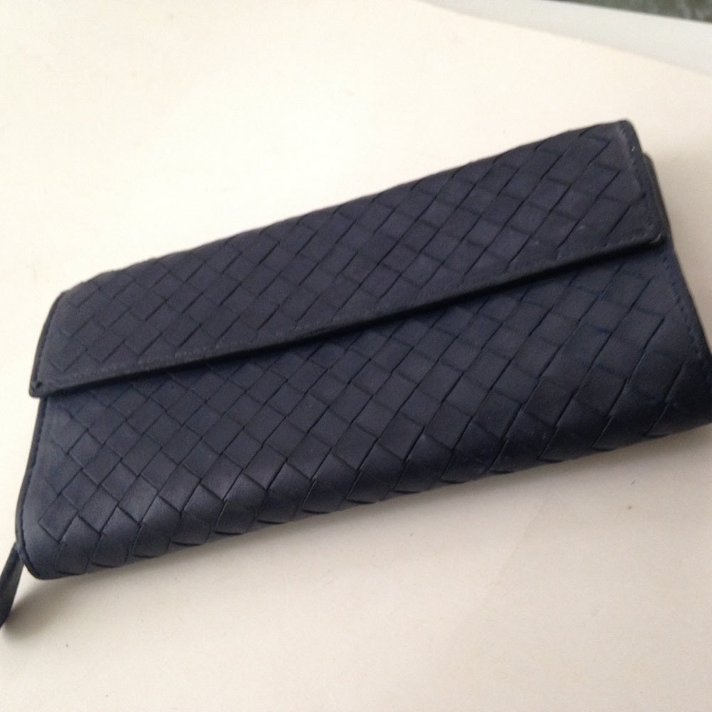 Bottega Veneta Dark Blue Leather Long Wallet