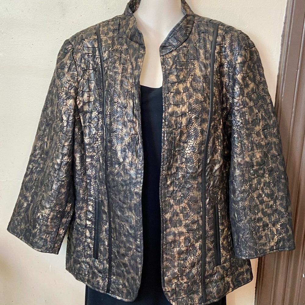 Chicos, Black and Gold Faux Reptile Leather Jacket Size 2