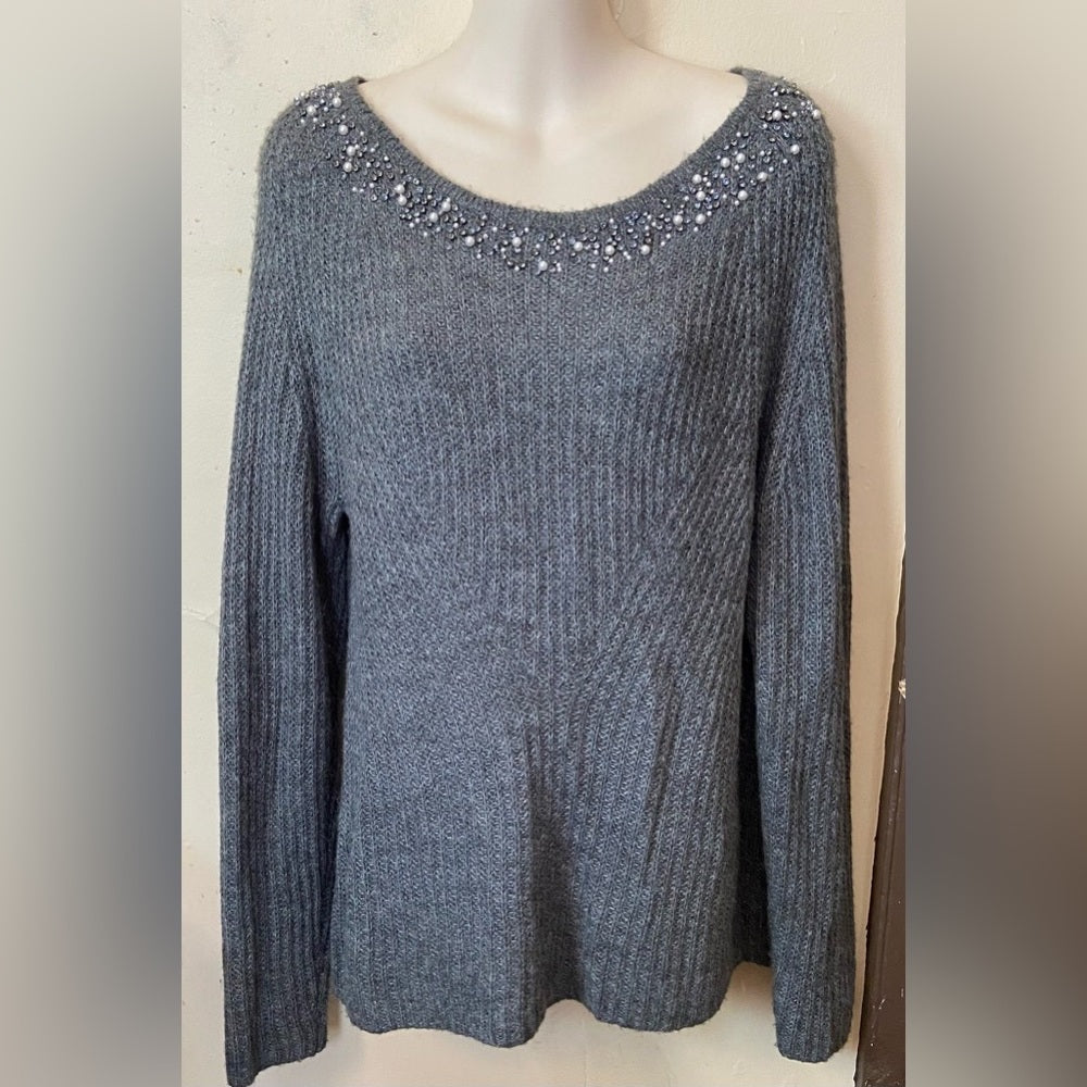 Ann Taylor, Elegant Gray Pullover Sweater with Rhinestones. (L)