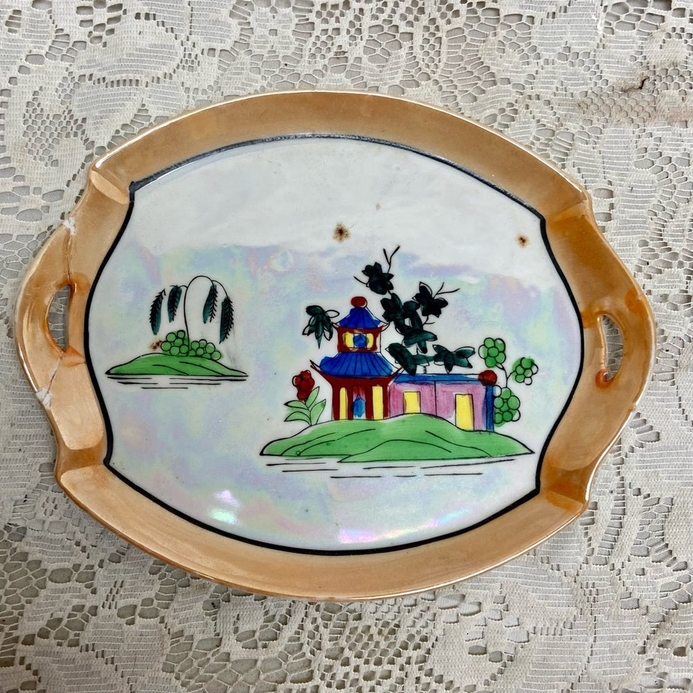 Vintage, Rare 9-pc Variant, Polychrome Blue Willow Condiment Set
