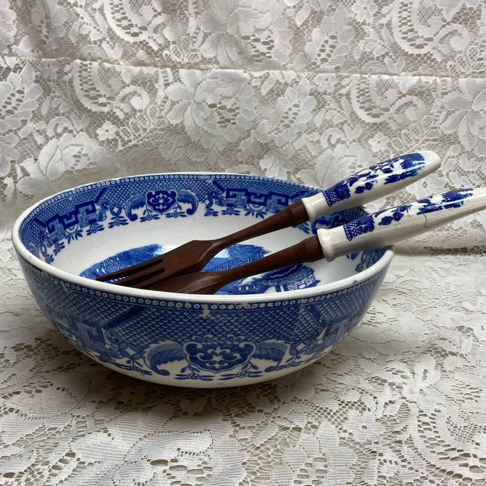 Vintage, 3pc Round Blue WillowSalad -Pasta Bowl w/ Spoon an Fork