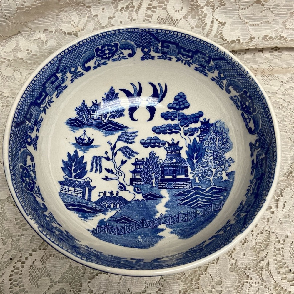 Vintage, 3pc Round Blue WillowSalad -Pasta Bowl w/ Spoon an Fork