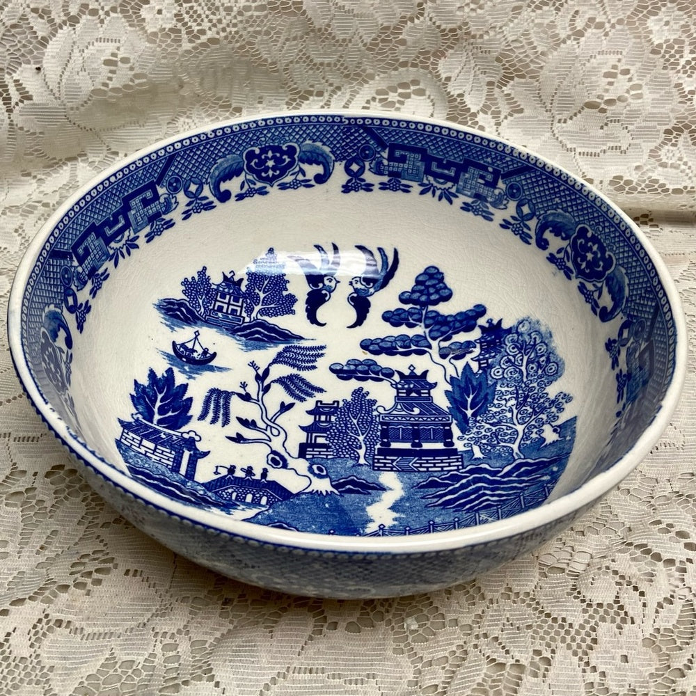 Vintage, 3pc Round Blue WillowSalad -Pasta Bowl w/ Spoon an Fork