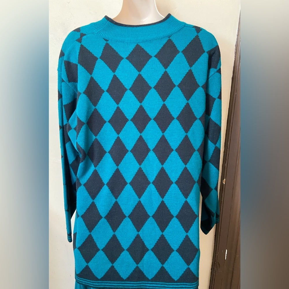 Vintage, Adolfo Collectibles 2-pc Teal Sweater Blouse and Skirt Size M-L