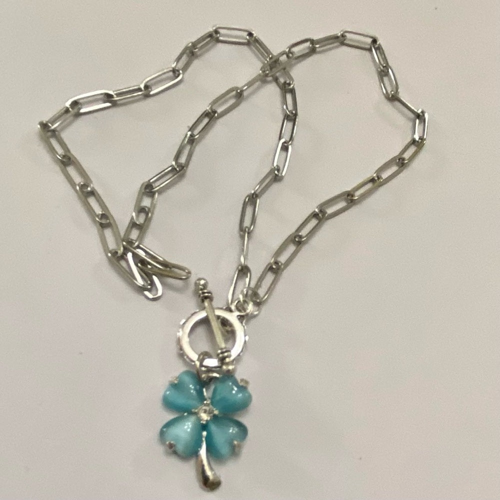 Vintage, Thermoset Teal Blue Floral Pendant Necklace