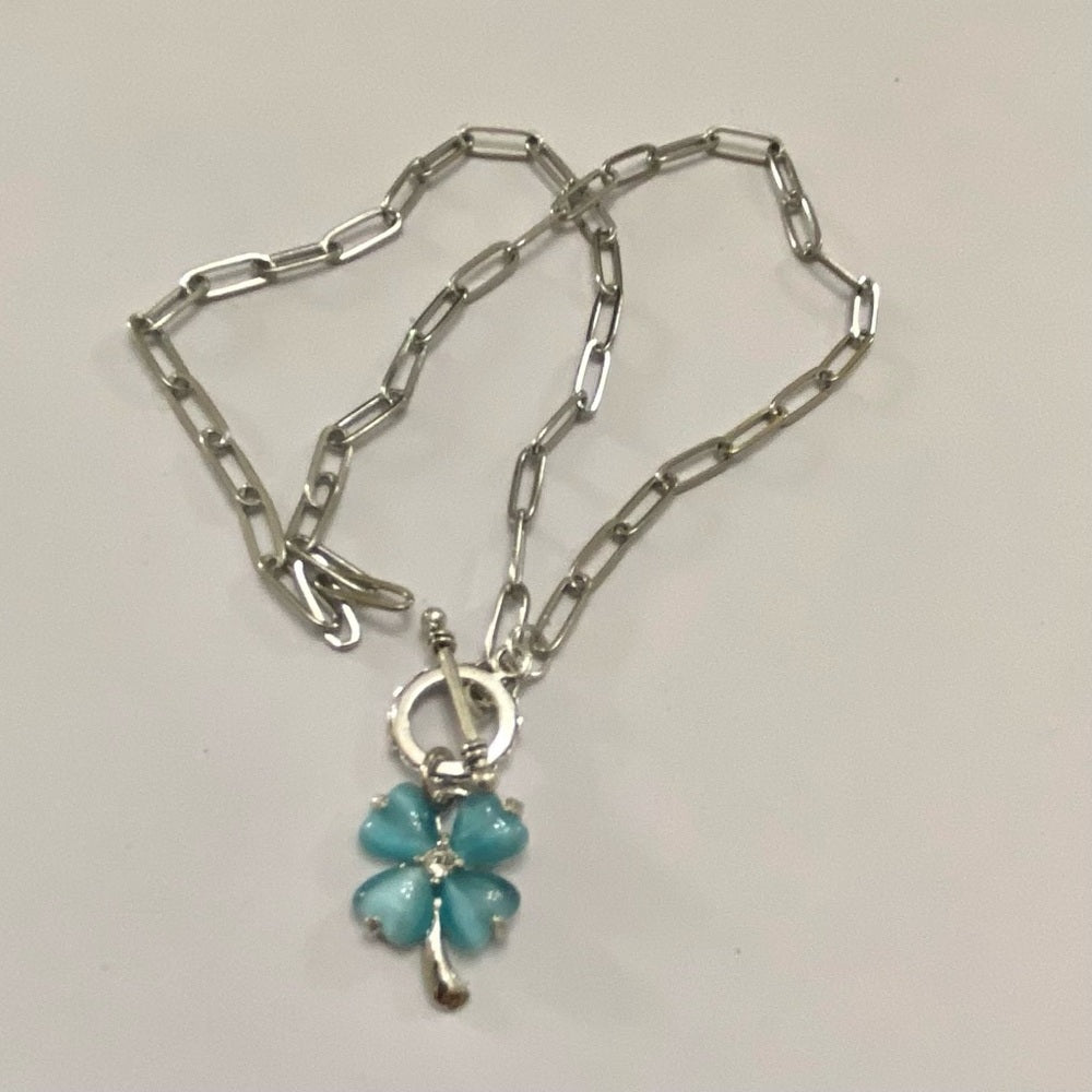 Vintage, Thermoset Teal Blue Floral Pendant Necklace