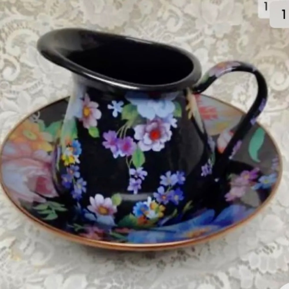 MacKenzie Childs Black Flower Market 8.5in Pitcher and 12in Pasta-Salad Bowl