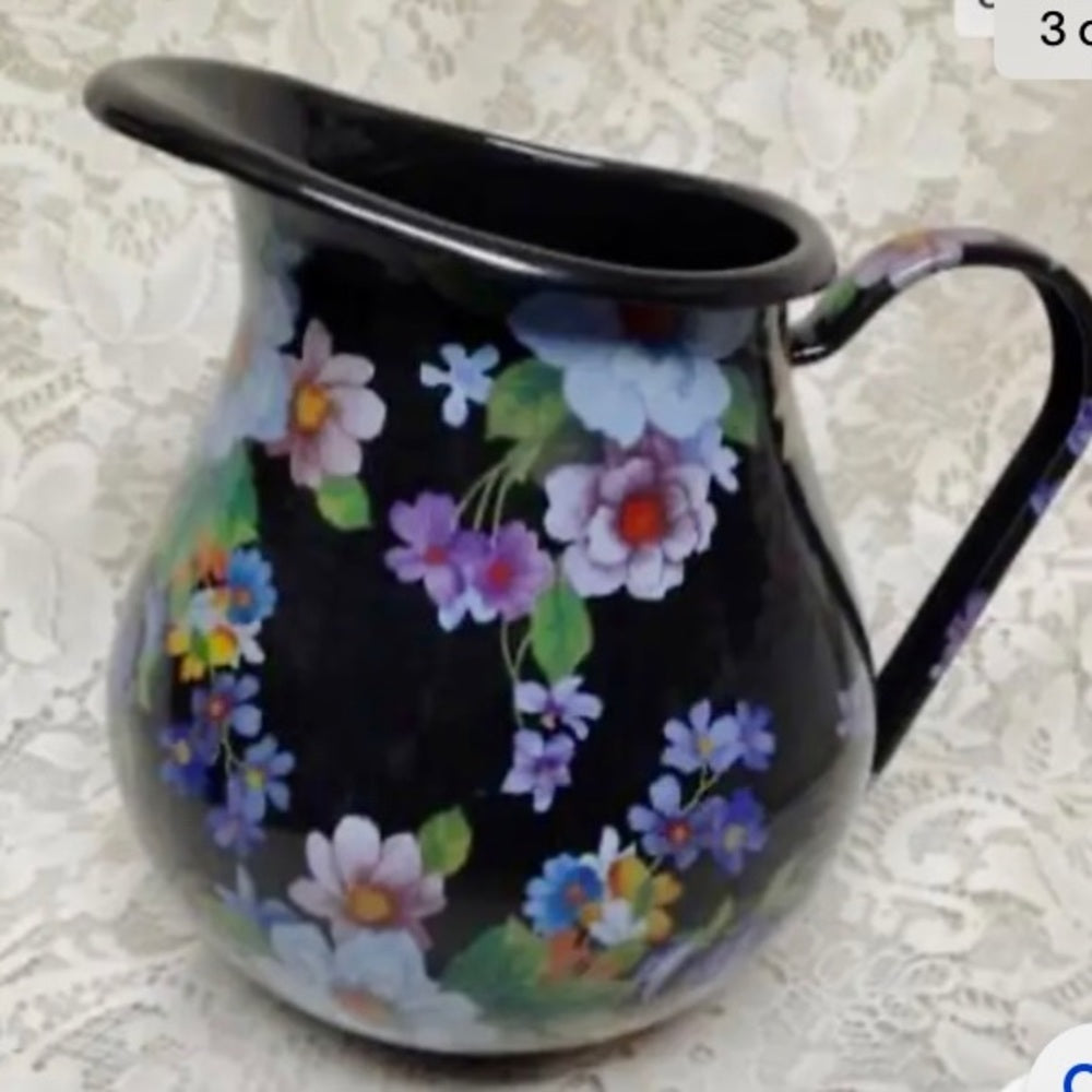 MacKenzie Childs Black Flower Market 8.5in Pitcher and 12in Pasta-Salad Bowl
