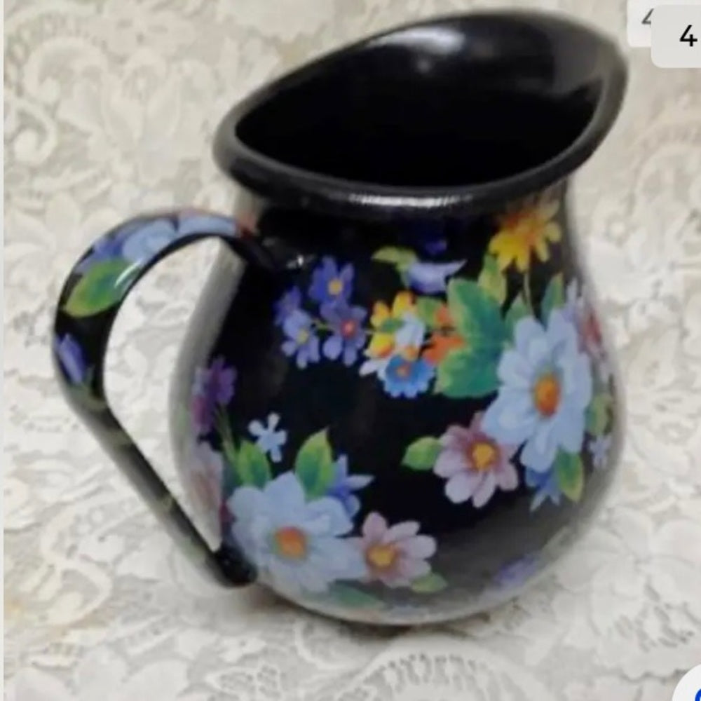 MacKenzie Childs Black Flower Market 8.5in Pitcher and 12in Pasta-Salad Bowl