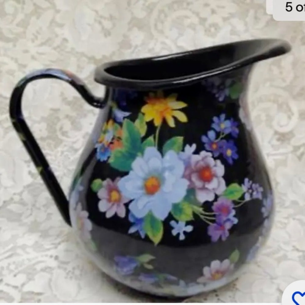 MacKenzie Childs Black Flower Market 8.5in Pitcher and 12in Pasta-Salad Bowl