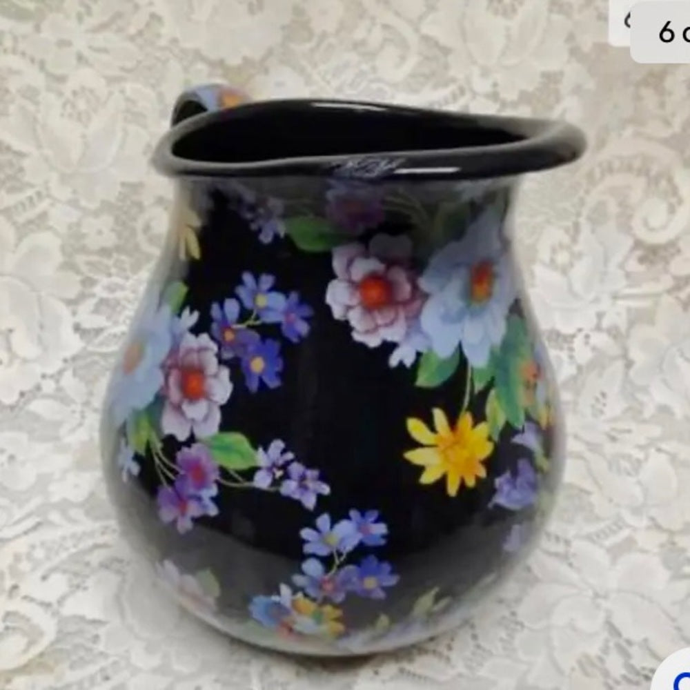 MacKenzie Childs Black Flower Market 8.5in Pitcher and 12in Pasta-Salad Bowl