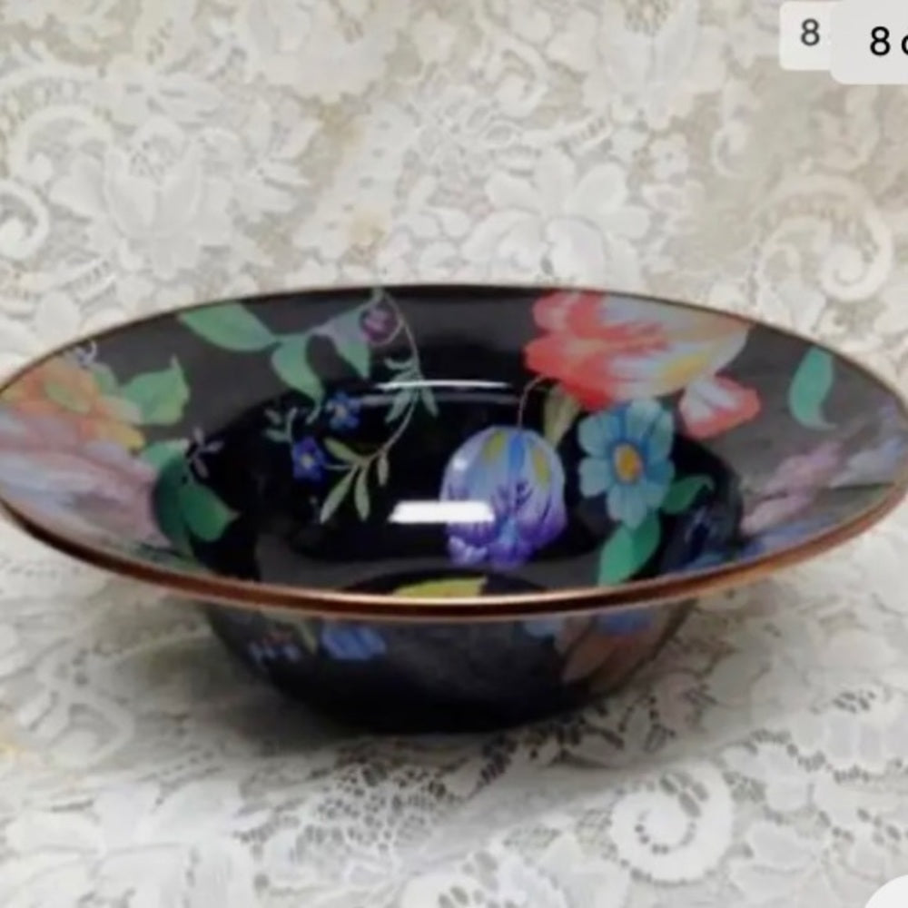 MacKenzie Childs Black Flower Market 8.5in Pitcher and 12in Pasta-Salad Bowl