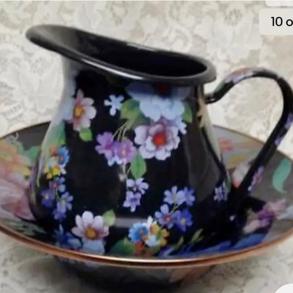 MacKenzie Childs Black Flower Market 8.5in Pitcher and 12in Pasta-Salad Bowl