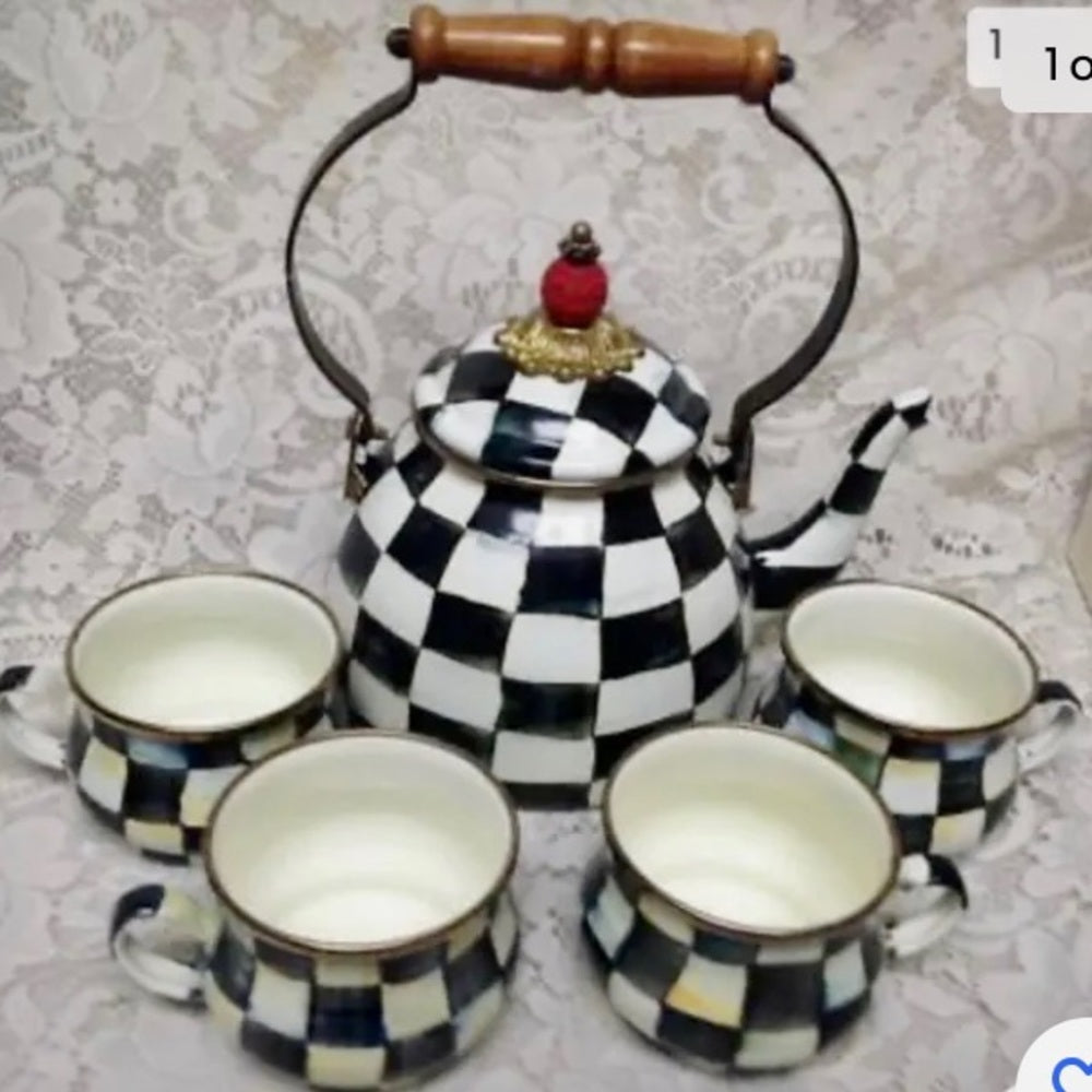 MacKenzie Childs Courtley Check Enamelware 2 Qts Tea Kettle w/ 4 Cups
