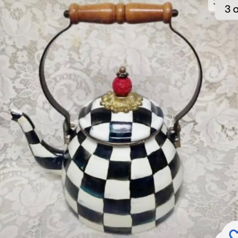 MacKenzie Childs Courtley Check Enamelware 2 Qts Tea Kettle w/ 4 Cups