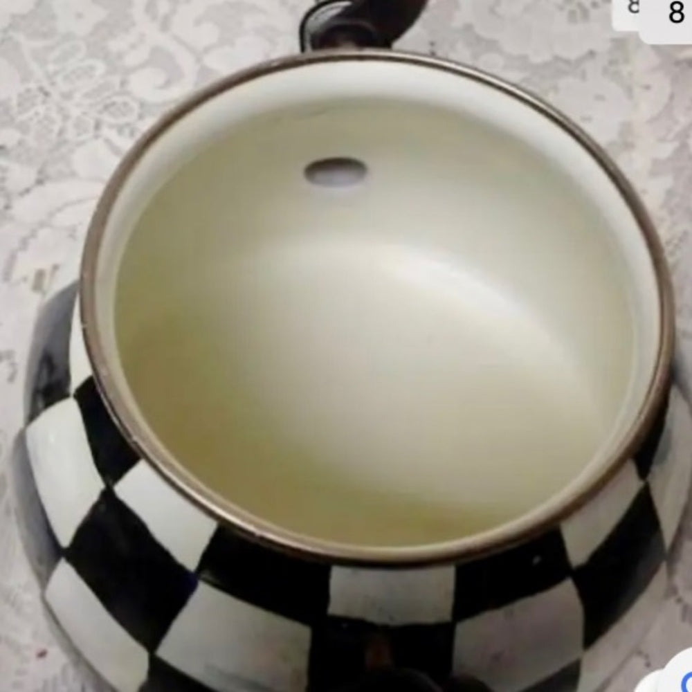 MacKenzie Childs Courtley Check Enamelware 2 Qts Tea Kettle w/ 4 Cups