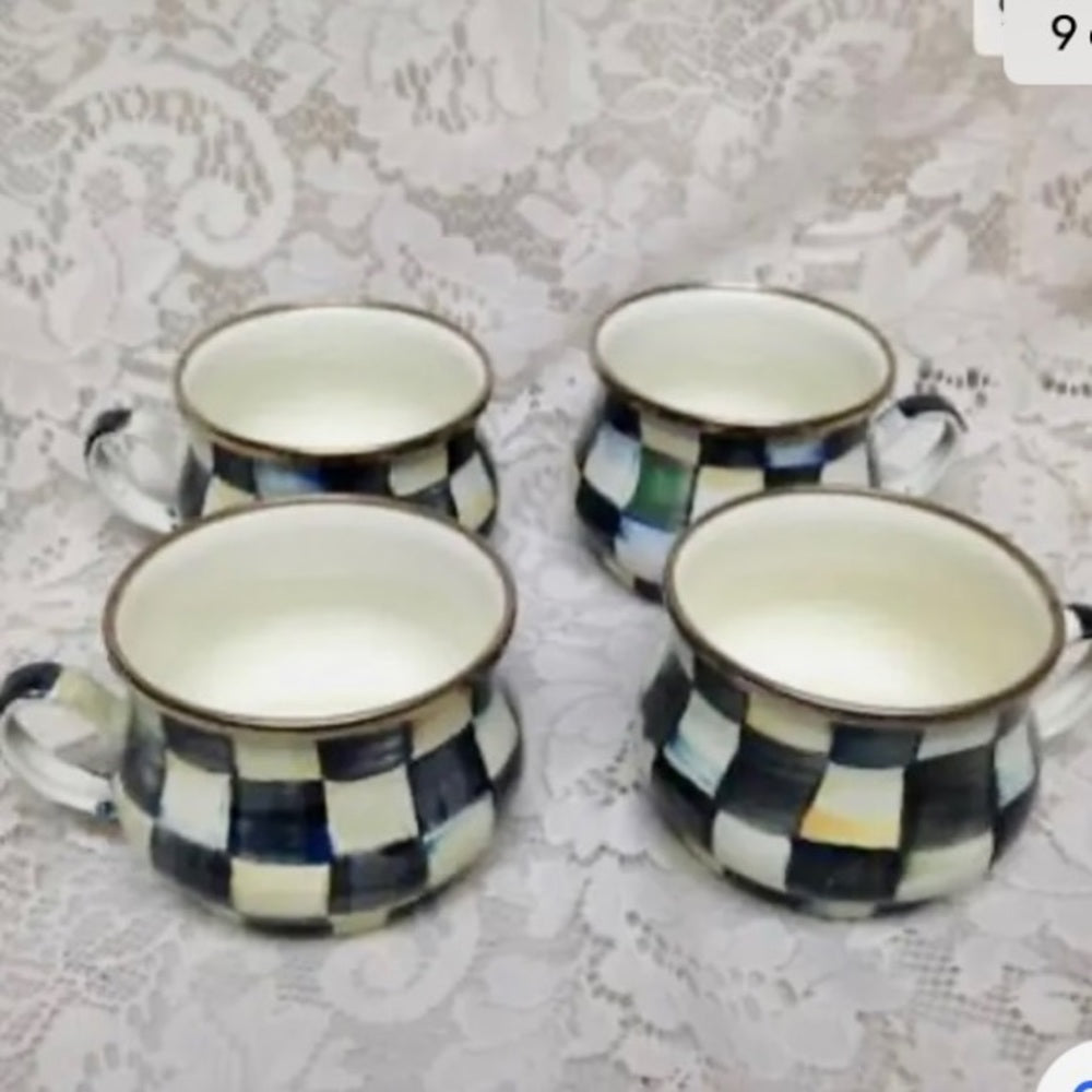 MacKenzie Childs Courtley Check Enamelware 2 Qts Tea Kettle w/ 4 Cups