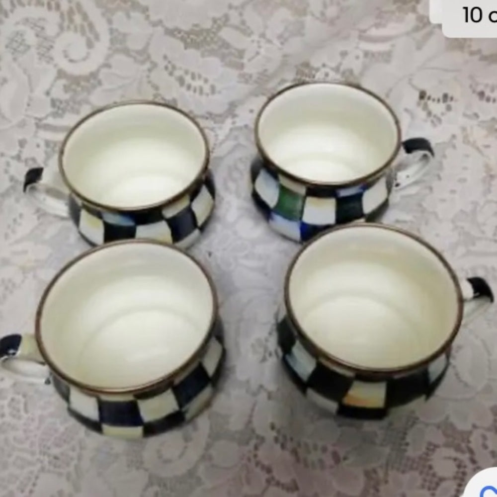 MacKenzie Childs Courtley Check Enamelware 2 Qts Tea Kettle w/ 4 Cups