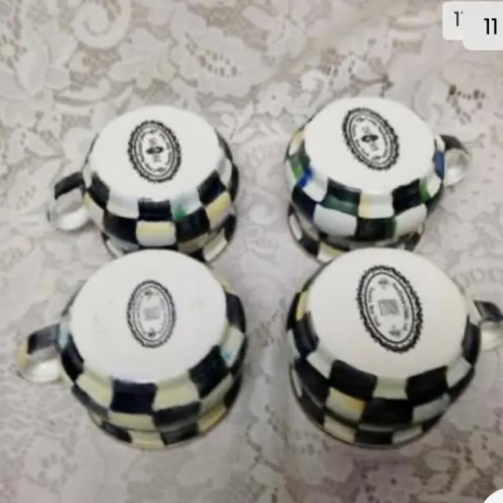 MacKenzie Childs Courtley Check Enamelware 2 Qts Tea Kettle w/ 4 Cups