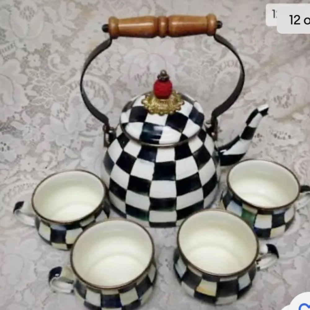 MacKenzie Childs Courtley Check Enamelware 2 Qts Tea Kettle w/ 4 Cups