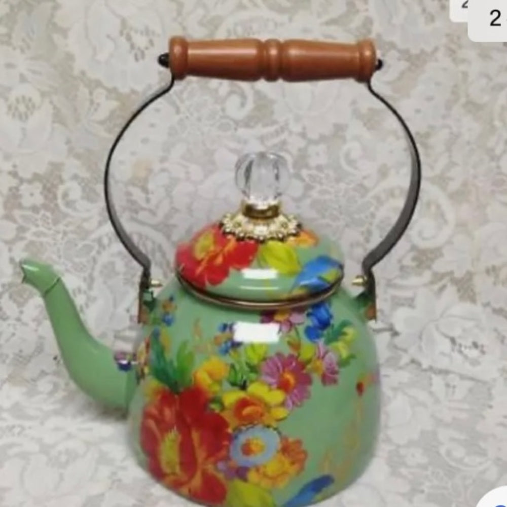MacKenzie Childs Green Flower Market Enamelware 2 Qts Tea Kettle w/ 4 Mugs
